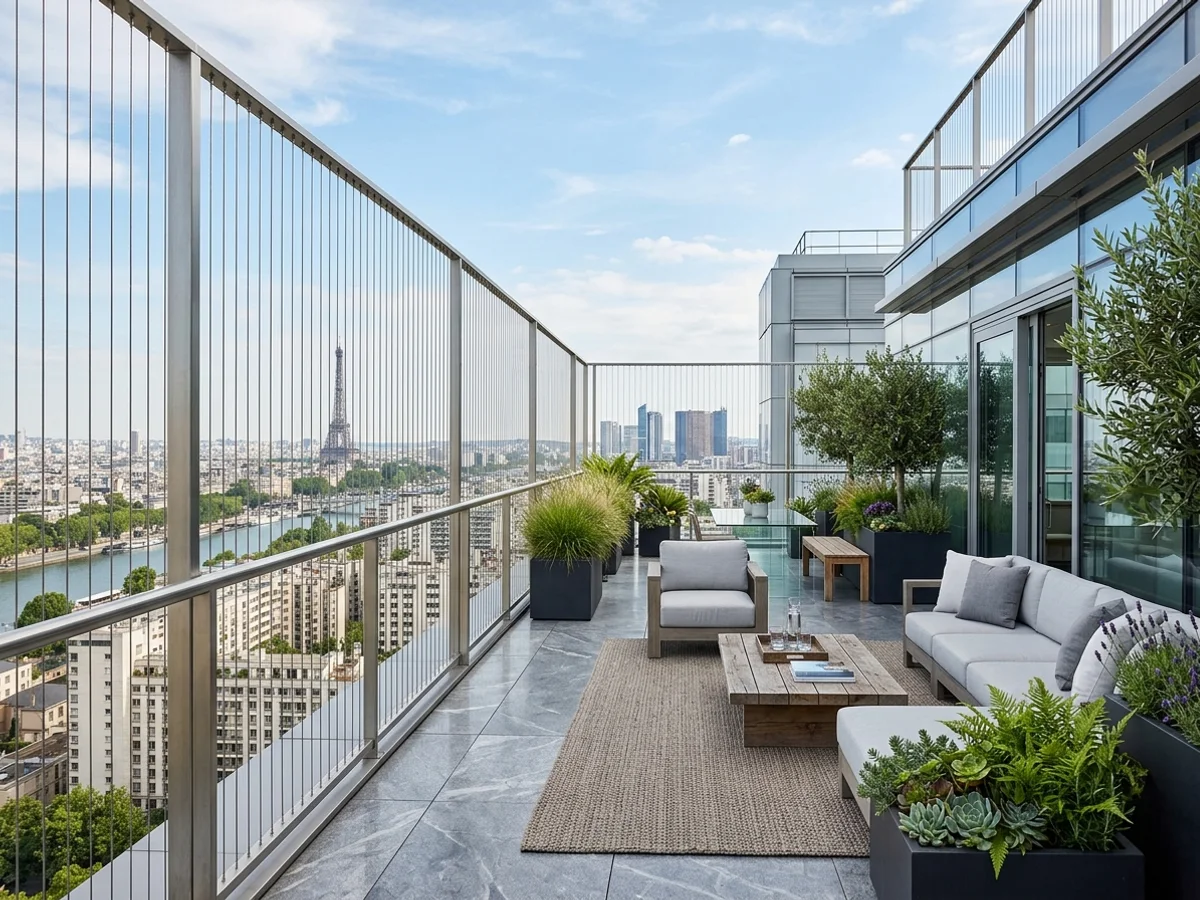 Terrace edge protected with a cable invisible grill
