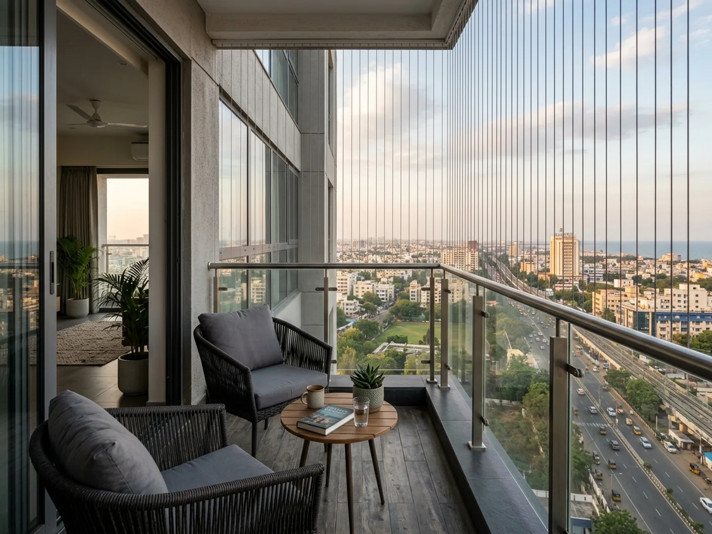 Apartment balcony invisible grills in a high-rise residential building in Chennai
