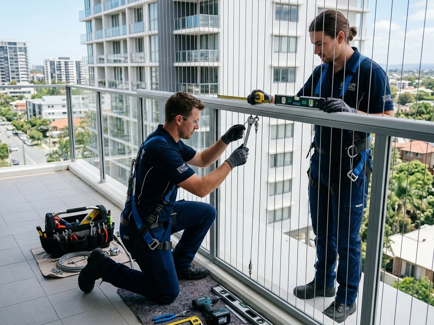 Technician measuring a balcony during invisible grill installation in Chennai